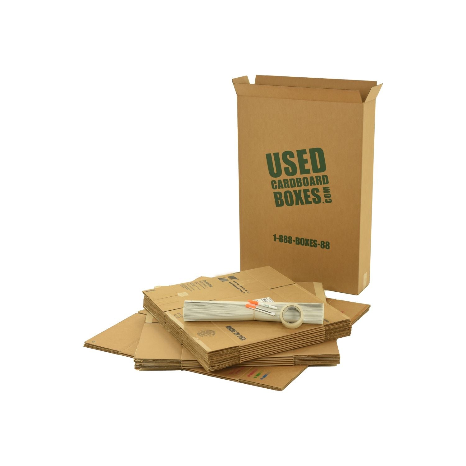 Studio-basic#Various sizes of used moving and storage boxes shown flattened, along with included supplies, in a Studio or Dorm Room Moving Kit (BASIC) by UsedCardboardBoxes.