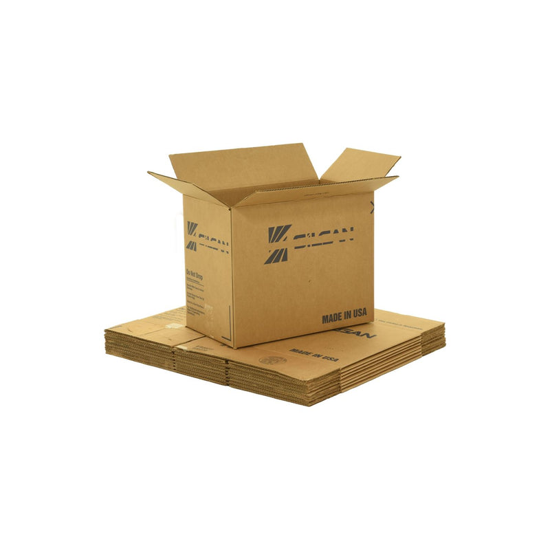 Medium sized used moving and storage boxes shown assembled and flattened which are included in a Studio or Dorm Room Moving Kit (SUPER) by UsedCardboardBoxes.