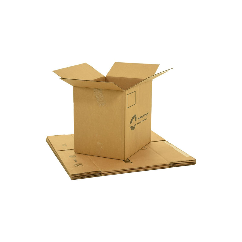 Large sized used moving and storage boxes shown assembled and flattened which are included in a Studio or Dorm Room Moving Kit (SUPER) by UsedCardboardBoxes.
