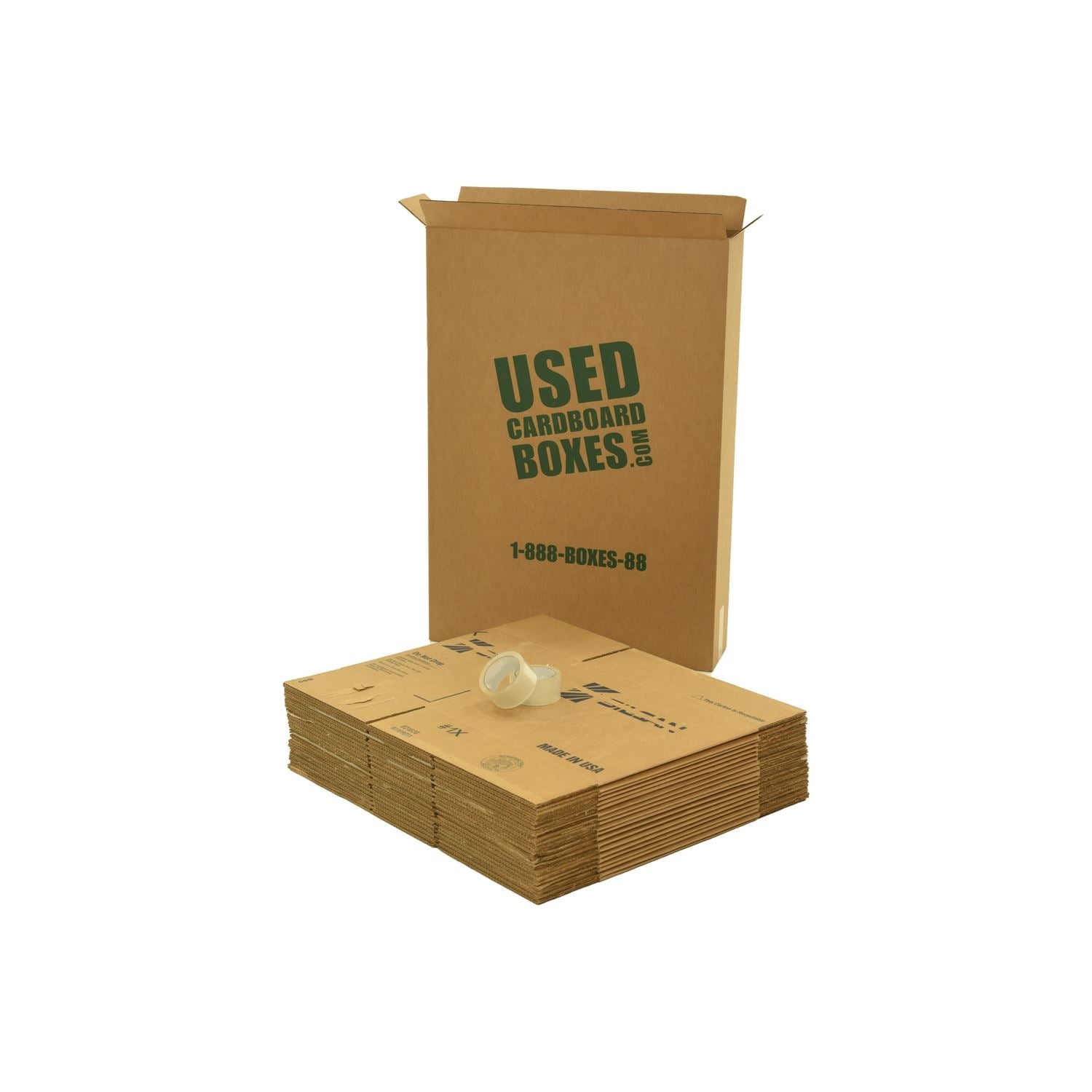 medium#Various sizes of used moving and storage boxes shown flattened, along with included tape rolls, in a Medium Moving Boxes Kit by UsedCardboardBoxes.