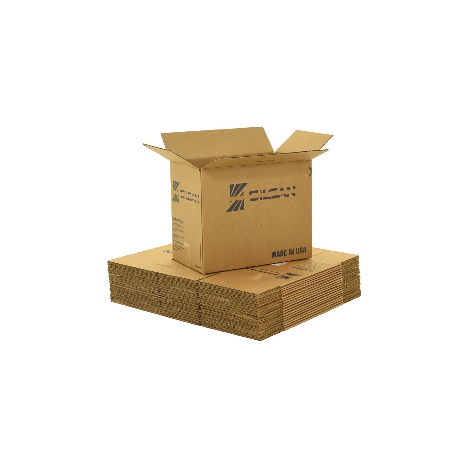 medium#Medium sized used moving and storage boxes shown assembled and flattened which are included in a Medium Moving Boxes Kit by UsedCardboardBoxes.