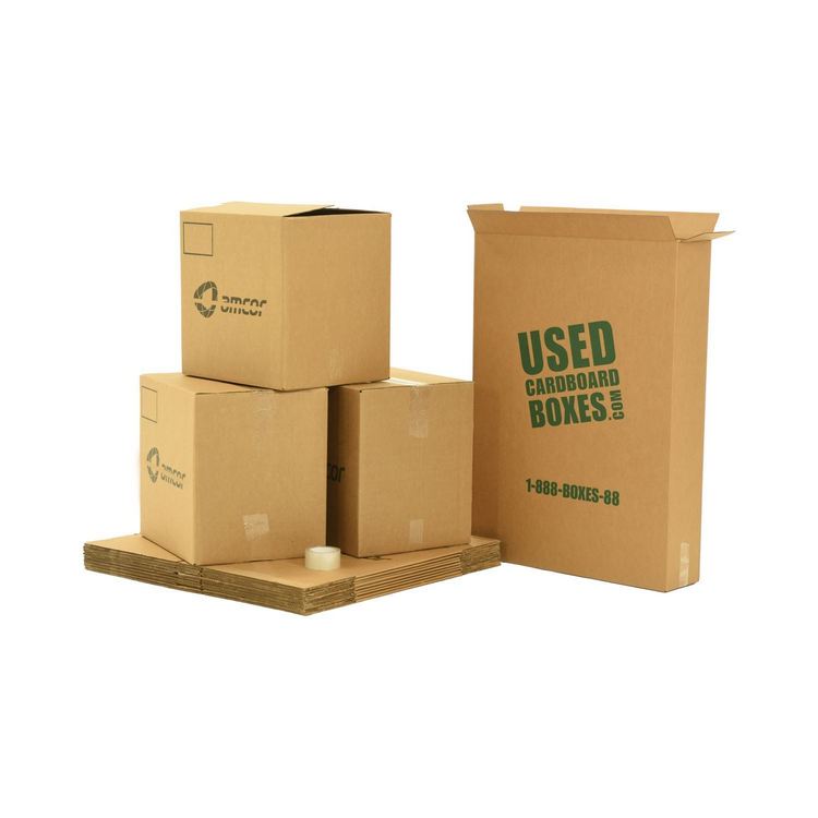 large#Various sizes of used moving and storage boxes shown assembled and flattened, along with included tape rolls, in a Large Moving Boxes Kit by UsedCardboardBoxes.