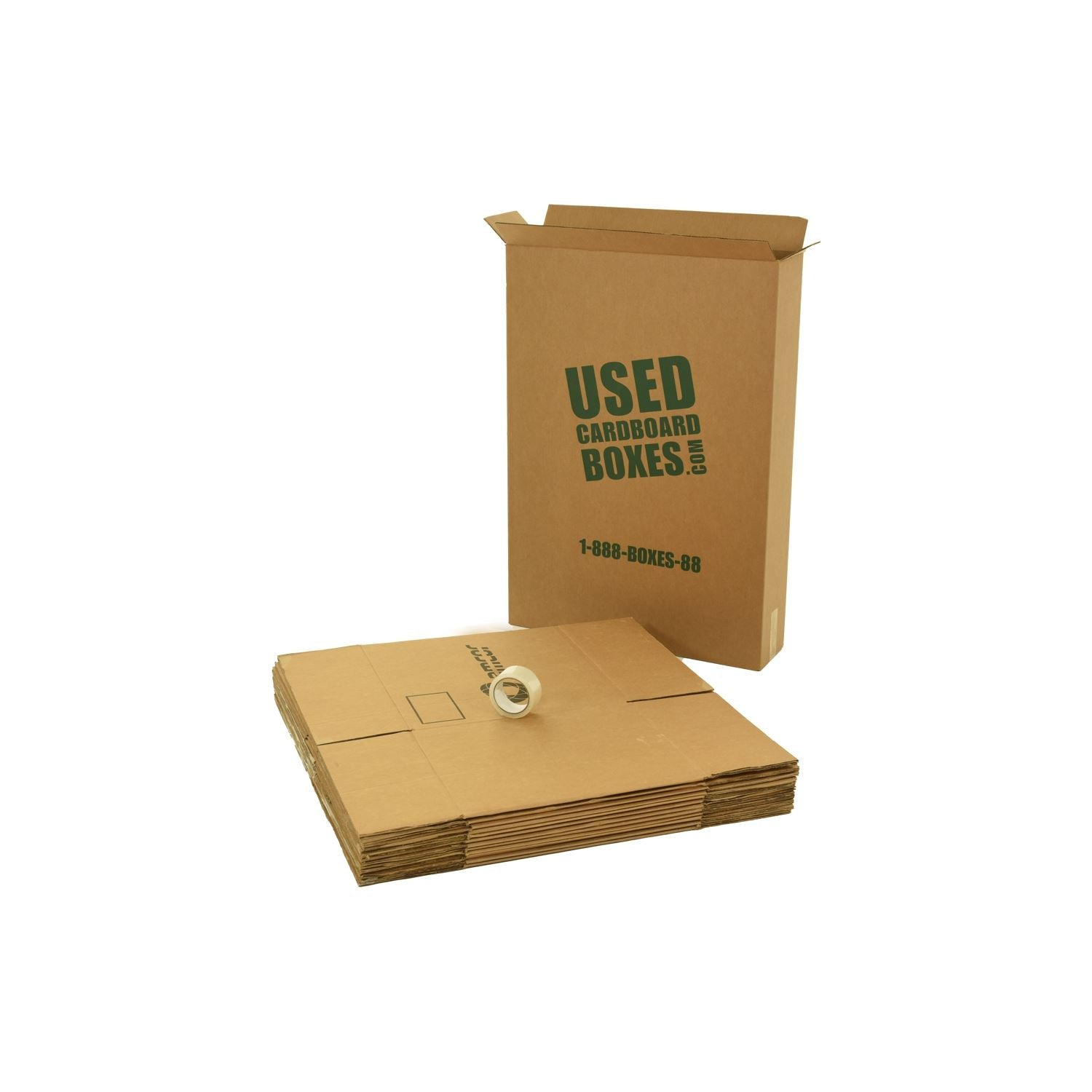 large#Various sizes of used moving and storage boxes shown flattened, along with included tape rolls, in a Large Moving Boxes Kit by UsedCardboardBoxes.