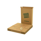 Various sizes of used moving and storage boxes shown flattened, along with included tape rolls, in a X-Large Moving Boxes Kit by UsedCardboardBoxes.