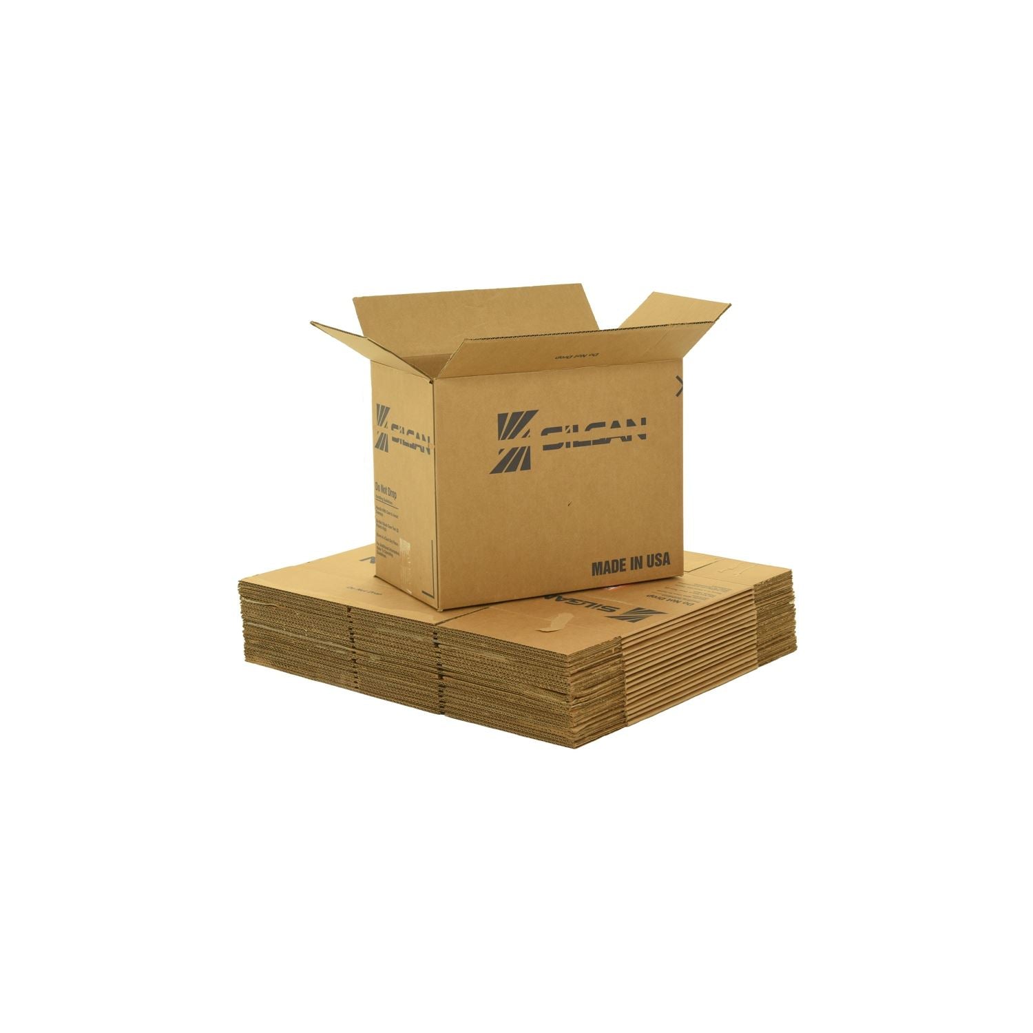 1 BR # Medium sized used moving and storage boxes shown assembled and flattened which are included in a 1 Bedroom Moving Kit by UsedCardboardBoxes.