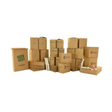Various sizes of used moving and storage boxes shown assembled and flattened, along with included supplies, in a 3 Bedroom Moving Kit by UsedCardboardBoxes.