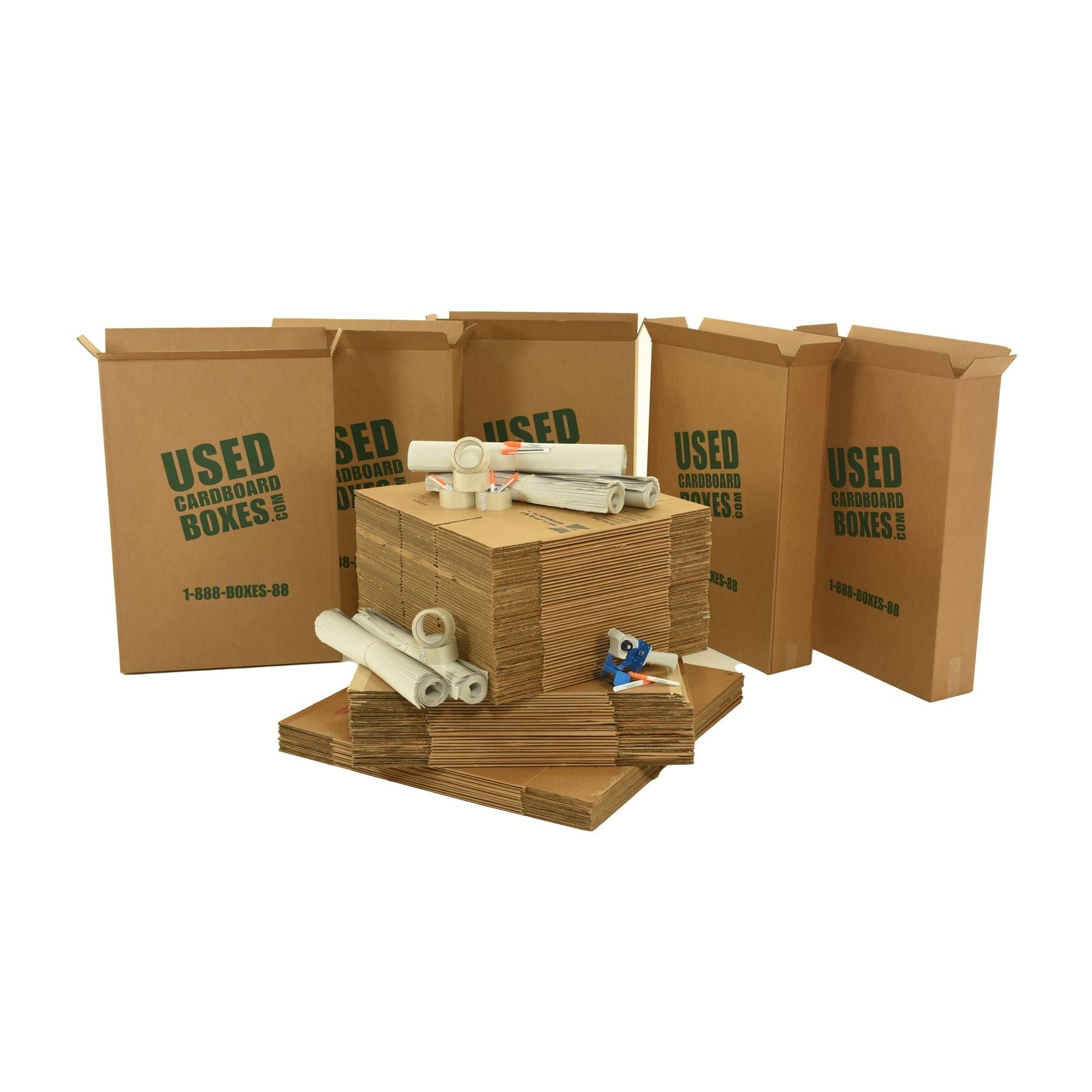 4 BR# Various sizes of used moving and storage boxes shown flattened, along with included supplies, in a 4 Bedroom Moving Kit by UsedCardboardBoxes.