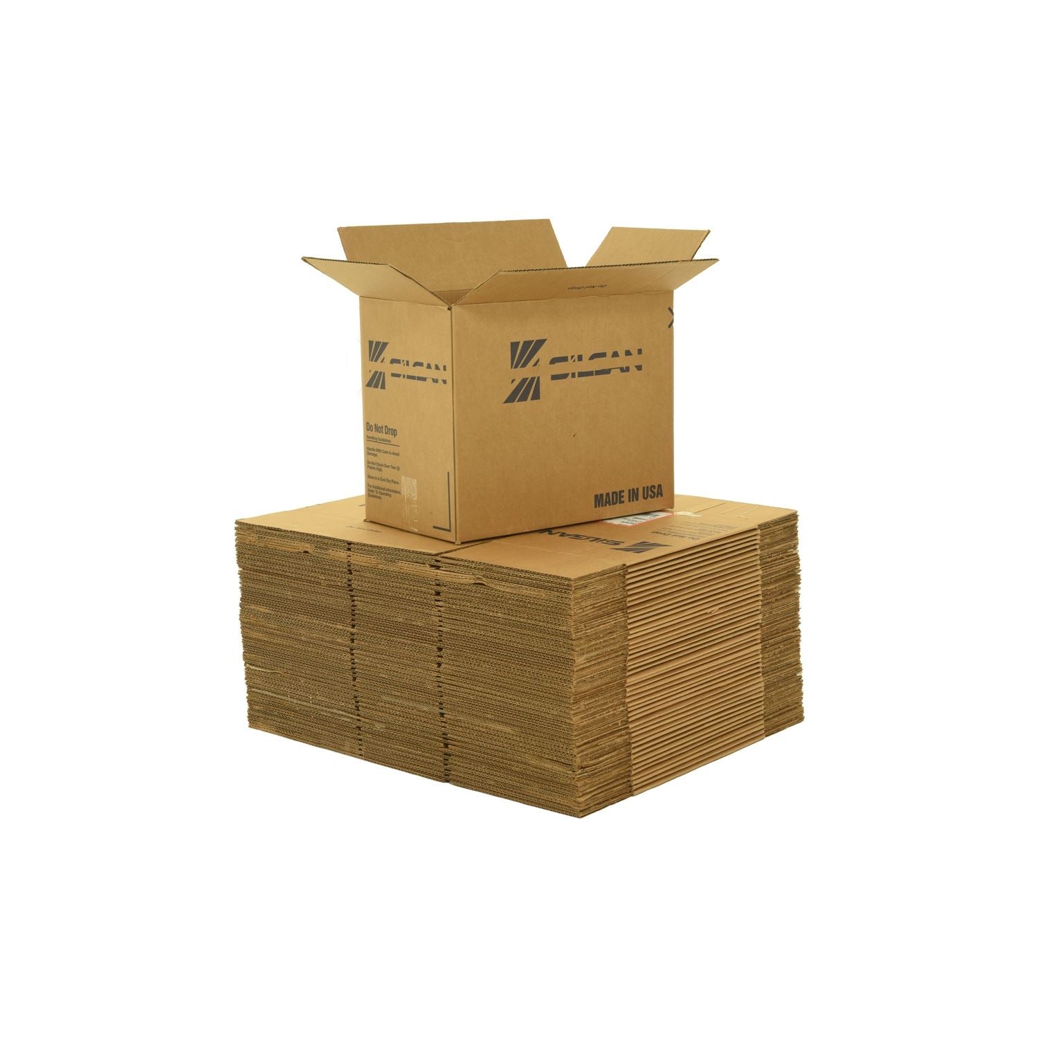 4 BR# Medium sized used moving and storage boxes shown assembled and flattened which are included in a 4 Bedroom Moving Kit by UsedCardboardBoxes.