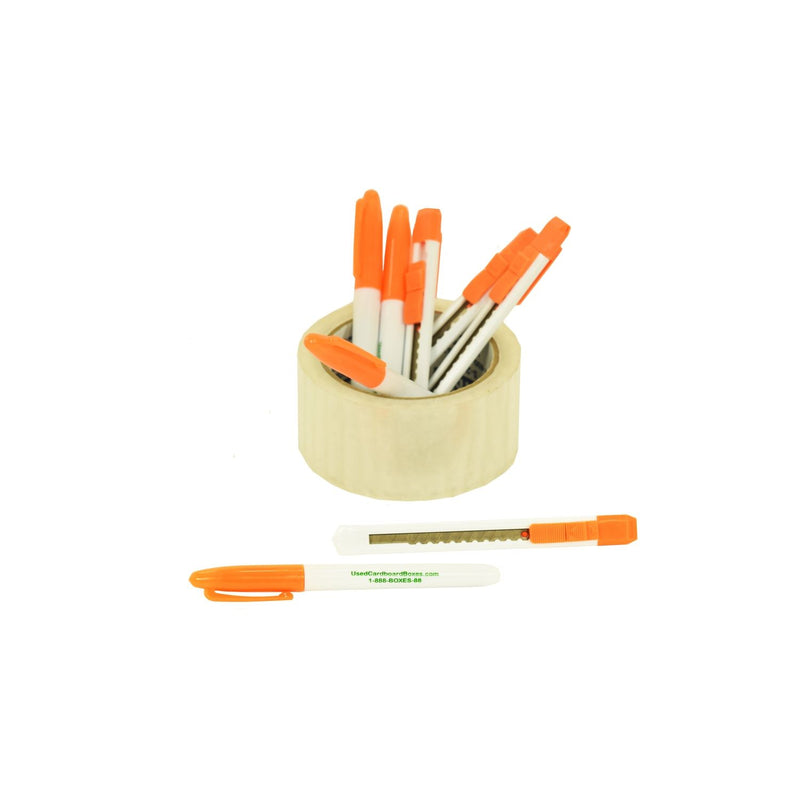 4 permanent markers and 4 retractable blade utility knives, also known as a box or tape cutters, included in a 4 Bedroom Moving Kit by UsedCardboardBoxes. The markers will help you label your moving boxes and the box cutters will help you cut the tape to open the boxes the unpack them.