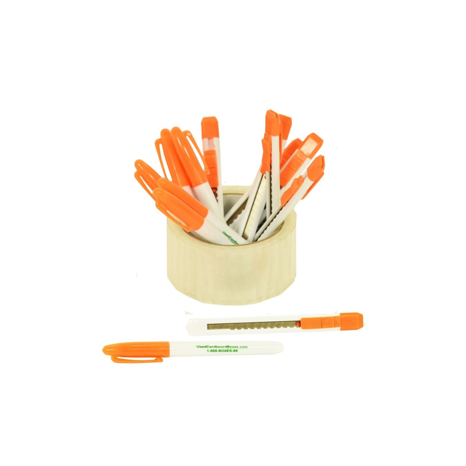 7 BR# 7 permanent markers and 7 retractable blade utility knives, also known as a box or tape cutters, included in a 7 Bedroom Moving Kit by UsedCardboardBoxes. The markers will help you label your moving boxes and the box cutters will help you cut the tape to open the boxes the unpack them.