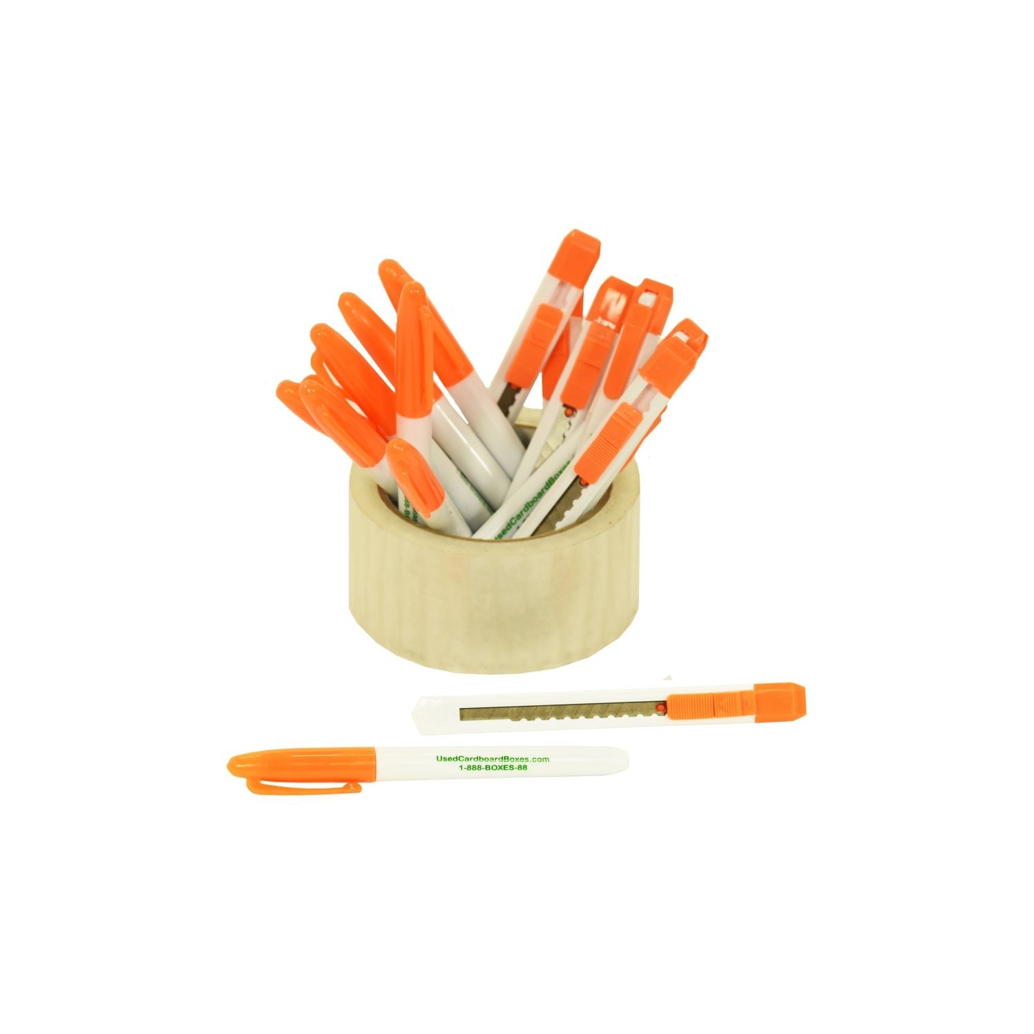 8 BR# 8 permanent markers and 8 retractable blade utility knives, also known as a box or tape cutters, included in an 8 Bedroom Moving Kit by UsedCardboardBoxes. The markers will help you label your moving boxes and the box cutters will help you cut the tape to open the boxes the unpack them.