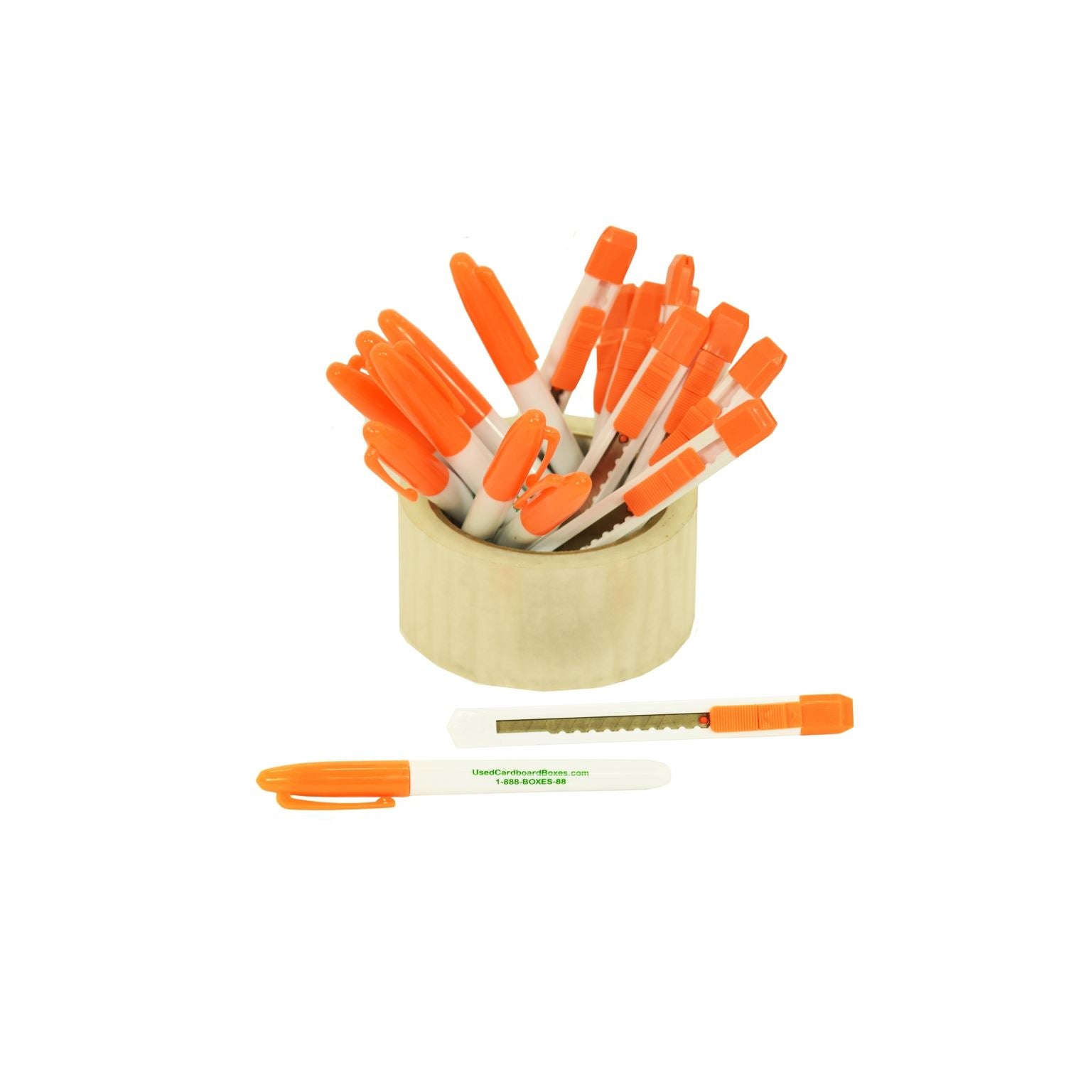 9 BR# 9 permanent markers and 9 retractable blade utility knives, also known as a box or tape cutters, included in a 9 Bedroom Moving Kit by UsedCardboardBoxes. The markers will help you label your moving boxes and the box cutters will help you cut the tape to open the boxes the unpack them.