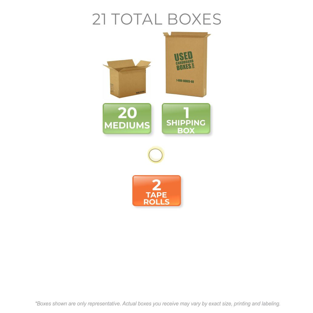medium#Graphic of all used moving boxes and tape rolls included in a Medium Moving Boxes Kit by UsedCardboardBoxes.