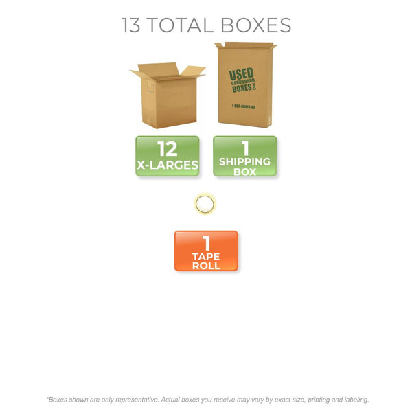 Graphic of all used moving boxes and tape rolls included in a X-Large Moving Boxes Kit by UsedCardboardBoxes.