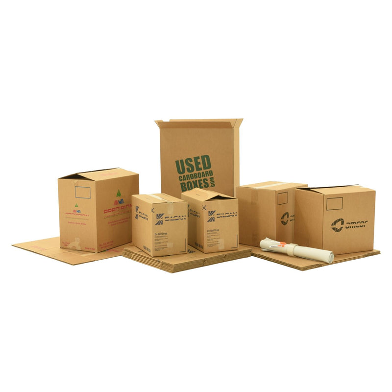 Various sizes of used moving and storage boxes shown assembled and flattened, along with included supplies, in a Studio or Dorm Room Moving Kit (BASIC) by UsedCardboardBoxes.