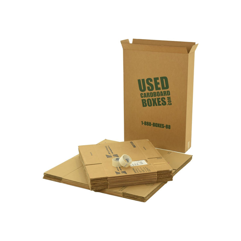 Various sizes of used moving and storage boxes shown flattened, along with included tape rolls, in a Pack Rat Moving Kit by UsedCardboardBoxes.