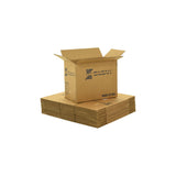 Medium sized used moving and storage boxes shown assembled and flattened which are included in a Medium Moving Boxes Kit by UsedCardboardBoxes.