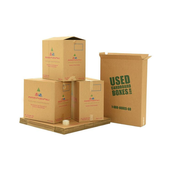 Various sizes of used moving and storage boxes shown assembled and flattened, along with included tape rolls, in a X-Large Moving Boxes Kit by UsedCardboardBoxes.