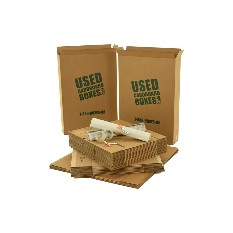 Various sizes of used moving and storage boxes shown flattened, along with included supplies, in a 1 Bedroom Moving Kit by UsedCardboardBoxes.