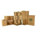 Various sizes of used moving and storage boxes shown assembled and flattened, along with included supplies, in a 2 Bedroom Moving Kit by UsedCardboardBoxes.