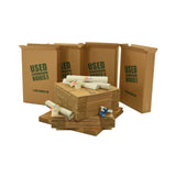 Various sizes of used moving and storage boxes shown flattened, along with included supplies, in a 3 Bedroom Moving Kit by UsedCardboardBoxes.