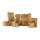 Various sizes of used moving and storage boxes shown assembled and flattened, along with included supplies, in a 4 Bedroom Moving Kit by UsedCardboardBoxes.