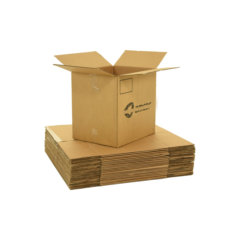 Large sized used moving and storage boxes shown assembled and flattened which are included in a 4 Bedroom Moving Kit by UsedCardboardBoxes.