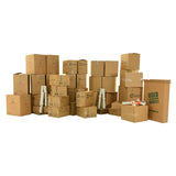 Various sizes of used moving and storage boxes shown assembled and flattened, along with included supplies, in a 6 Bedroom Moving Kit by UsedCardboardBoxes.