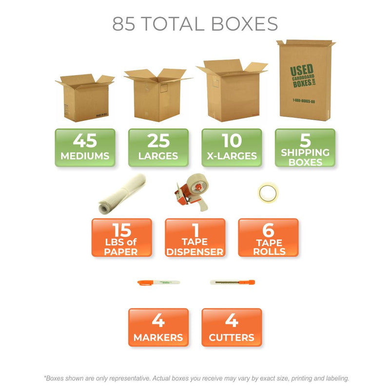 Graphic of all used moving boxes and moving supplies included in a 4 Bedroom Moving Kit by UsedCardboardBoxes.