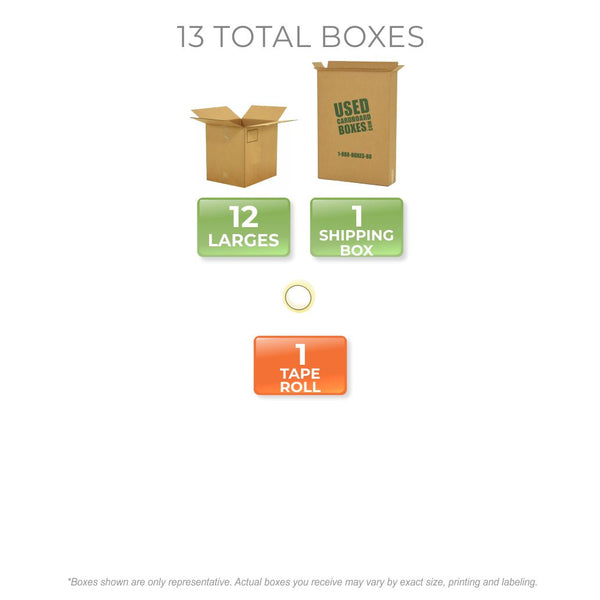 Graphic of all used moving boxes and tape rolls included in a Large Moving Boxes Kit by UsedCardboardBoxes.