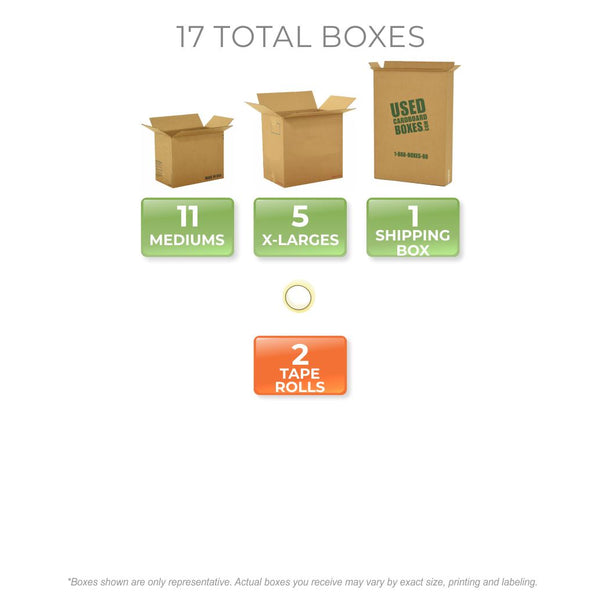 Graphic of all used moving boxes and tape rolls included in a Pack Rat Moving Kit by UsedCardboardBoxes.