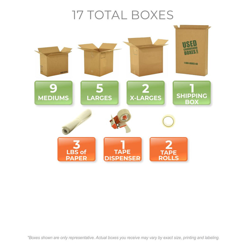 Graphic of all used moving boxes and moving supplies included in a Studio or Dorm Room Moving Kit (SUPER) by UsedCardboardBoxes.
