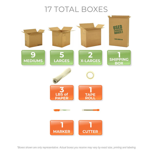 Graphic of all used moving boxes and moving supplies included in a Studio or Dorm Room Moving Kit (BASIC) by UsedCardboardBoxes.