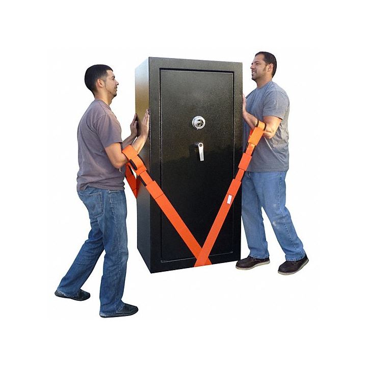 2 men using Forearm Forklift lifting straps, ordered from UsedCardboardBoxes, to lift a large safe.